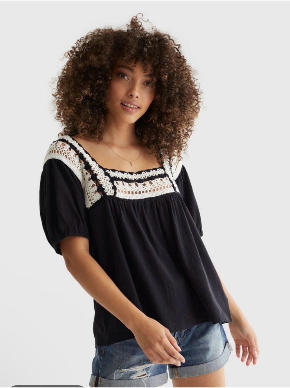 Lucky Brand Black Peasant Top with Cream Crochet size small